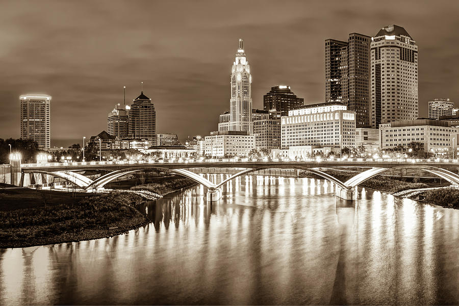 Columbus Skyline Photograph - Columbus Ohio Downtown City Skyline - Sepia Edition by Gregory Ballos