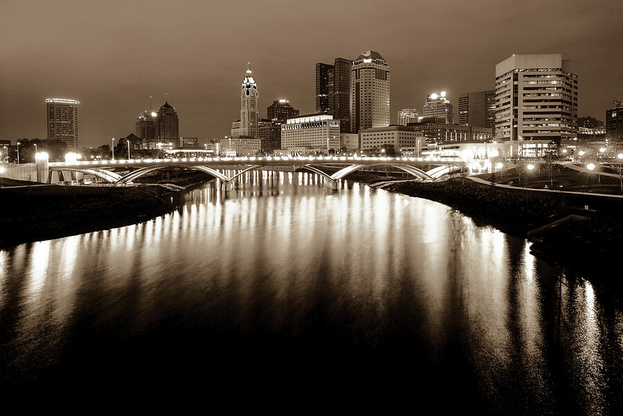 Columbus Ohio Downtown Skyline at Night Sepia Edition Photograph by