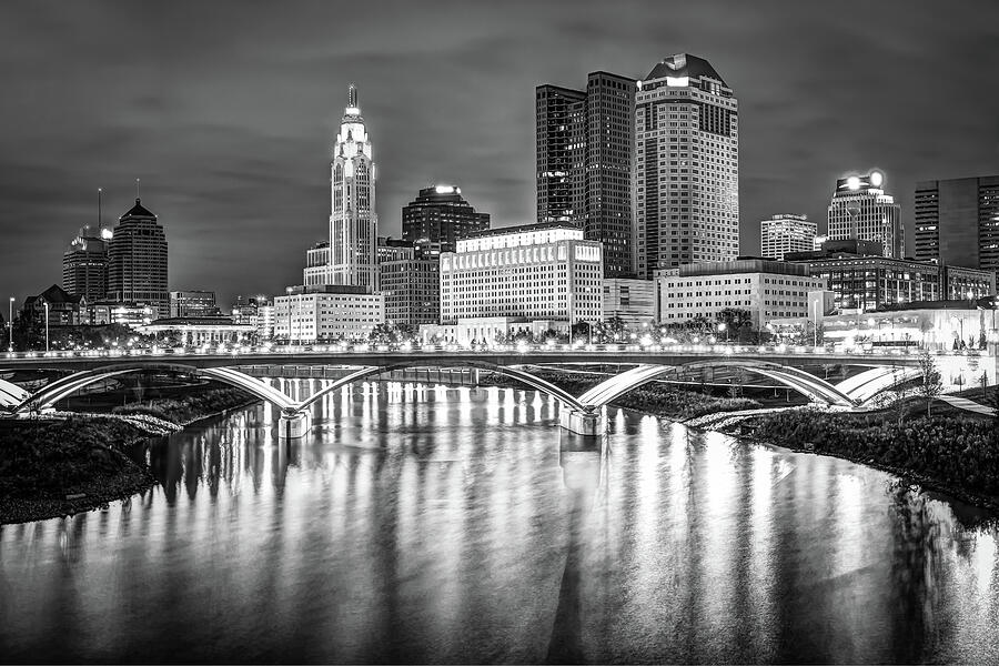 Columbus Ohio Downtown Skyline In Black And White Photograph