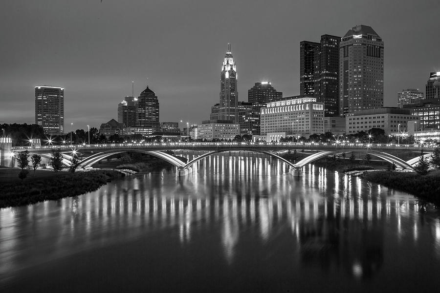 Columbus Ohio Skyline at Night Black and White Photograph by Adam Romanowicz