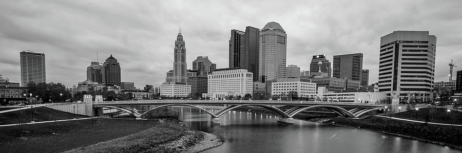 Columbus Photograph - Columbus Ohio Skyline Riverfront Panorama - Black and White by Gregory Ballos