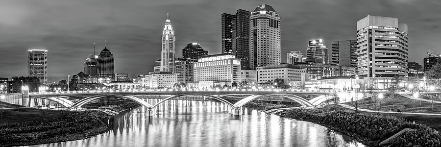 Black And White Photograph - Columbus Skyline At Night Black and White Panorama - Ohio City Photography by Gregory Ballos