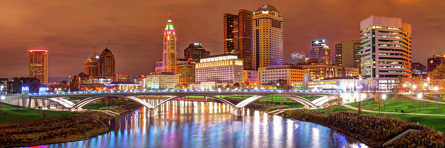 Columbus Skyline At Night Color Panorama - Ohio City Photography Photograph by Gregory Ballos