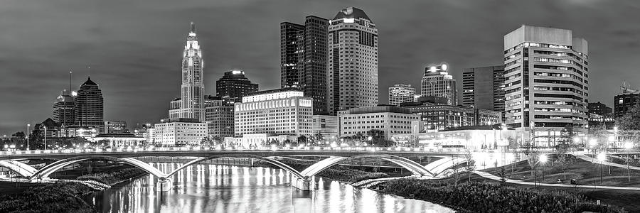 Black And White Photograph - Columbus Skyline Panorama Black and White - Ohio USA by Gregory Ballos