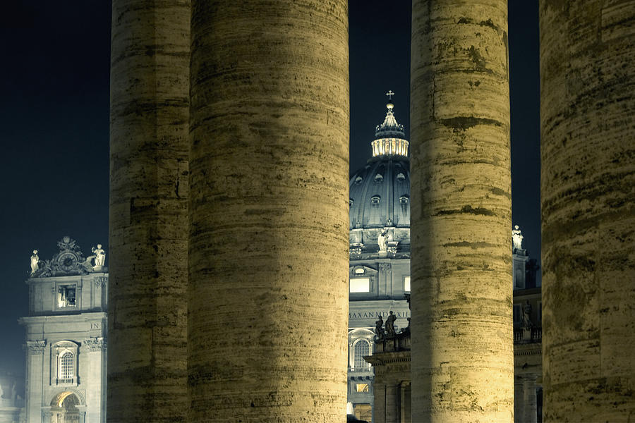 Columns of Vatican with San Pietro Basilica by night Photograph by Vlad Baciu