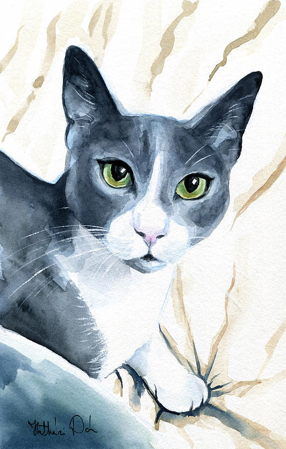 Come Home - Blue Tuxedo Cat Portrait Painting by Dora Hathazi Mendes
