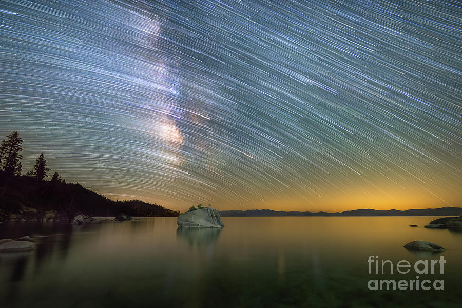 Nature Photograph - Comet Trails over Lake Tahoe by Michael Ver Sprill