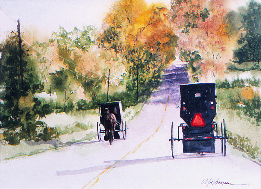 Amish Buggies Painting - Coming and Going by Maryann Boysen