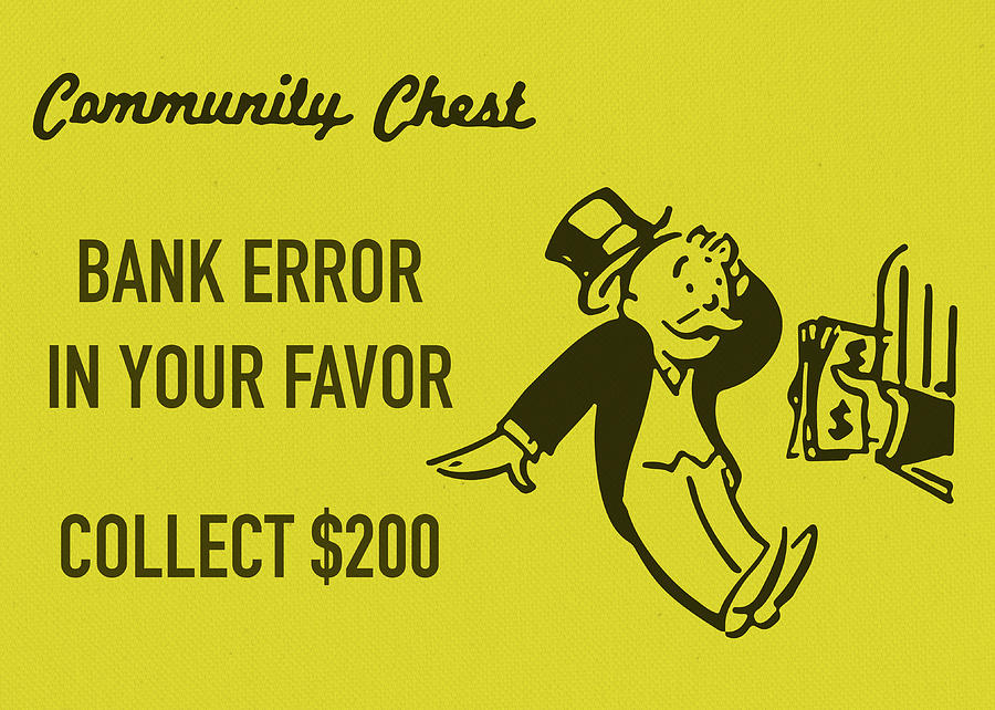Vintage Mixed Media - Community Chest Vintage Monopoly Board Game Bank Error in Your Favor by Design Turnpike