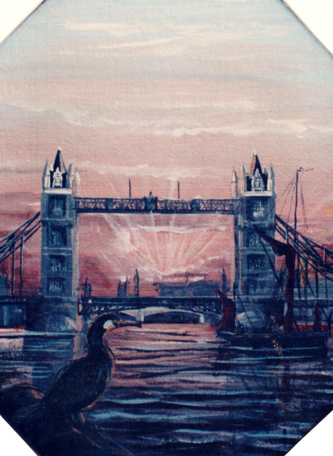 Comorant On A Bouy Just Down From Tower Bridge Painting by Mackenzie Moulton