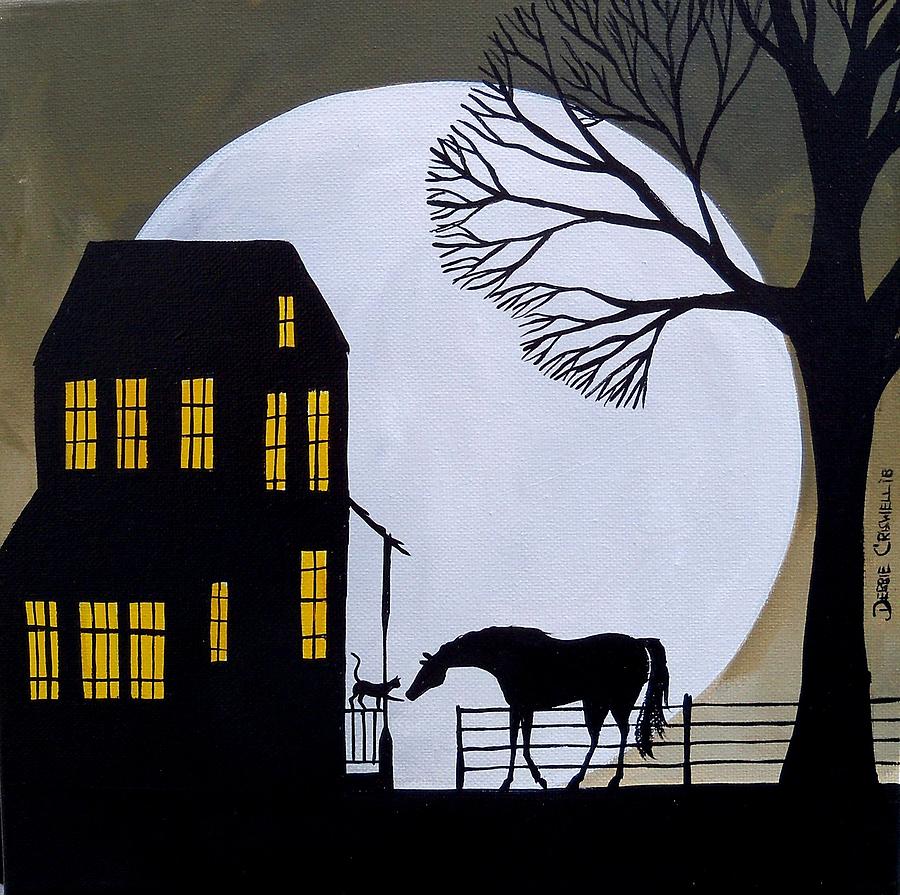 Company At Night - silhouette horse cat moon Painting by Debbie Criswell
