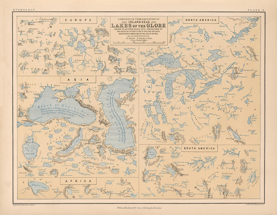 Comparative Map Of The Inland Seas And Lakes Of The Globe - Historical Map Drawing