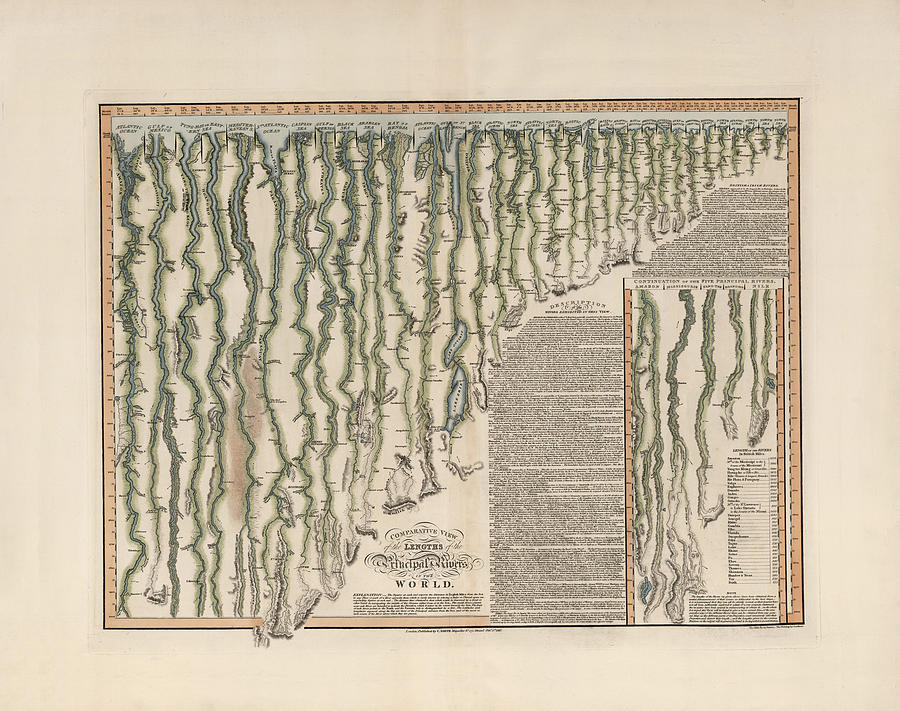 Comparative View of the Lengths of the Rivers in the World - Historical Chart Drawing by Studio Grafiikka