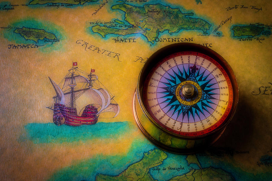 Compass And Ship On Old Map Photograph by Garry Gay