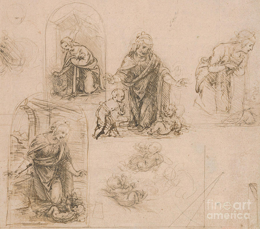 Leonardo Da Vinci Drawing - Compositional Sketches for the Virgin Adoring the Christ Child by Leonardo Da Vinci