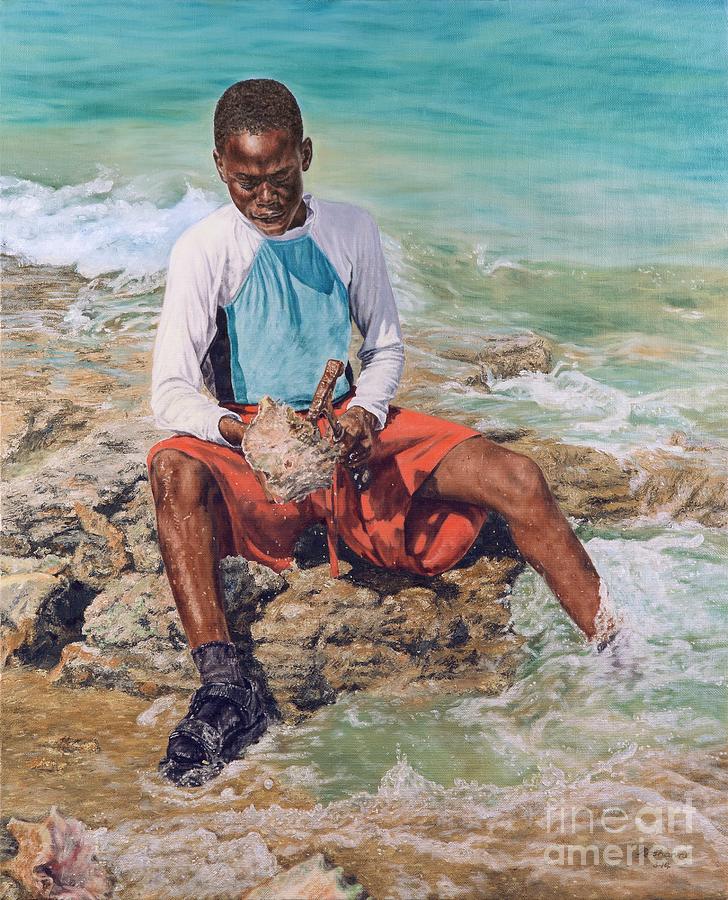 Conch Boy II Painting by Roshanne Minnis-Eyma
