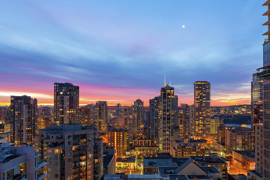 City Photograph - Condominium Buildings in downtown Vancouver BC at Sunrise by David Gn