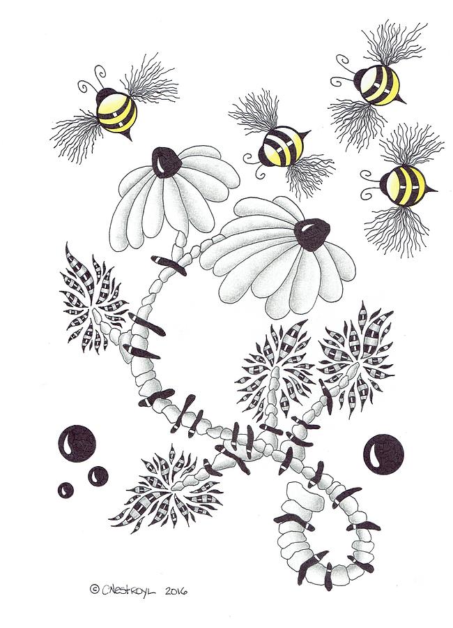 Flowers Still Life Drawing - Cone Flower Beez by Cathy Nestroyl