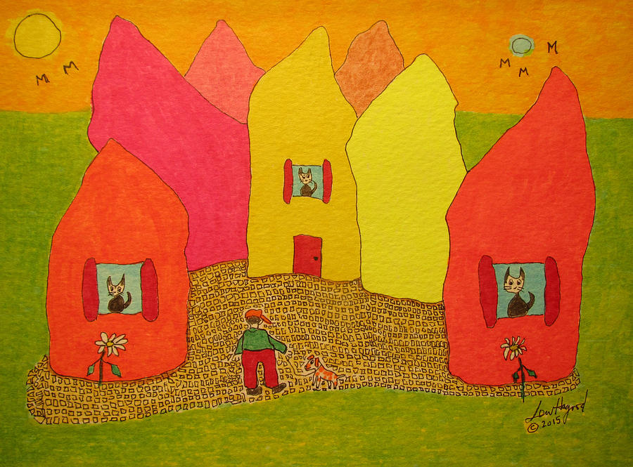 Cone-shaped Houses Man With Dog Painting by Lew Hagood