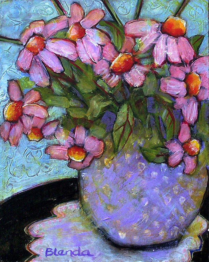 Coneflowers in Lavender Vase Painting by Blenda Studio