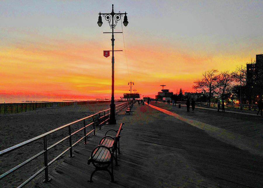 Sunset Photograph - Coney Island Boardwalk Sunset by Roger Bester