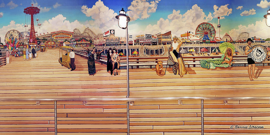 Coney Island Boardwalk Towel Version cropped Painting by Bonnie Siracusa