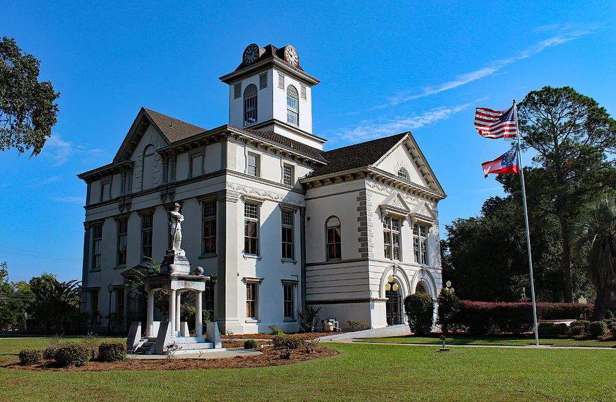 Confederate Monument-Quitman, GA Courthouse-Old Glory-GA Flag Photograph by DB Hayes