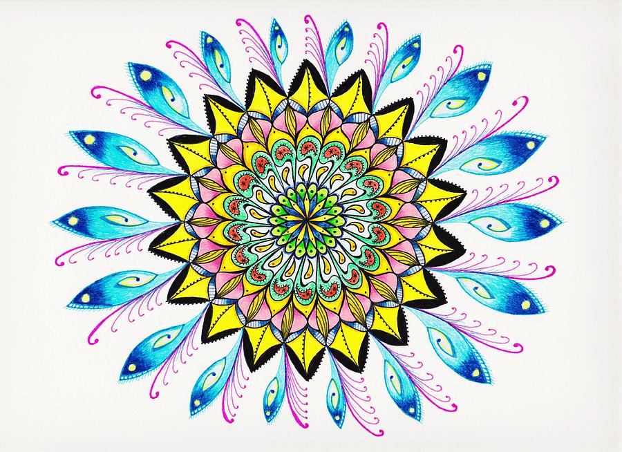 Feather Mandala in blues and Yellow Drawing by Lorraine Kelly