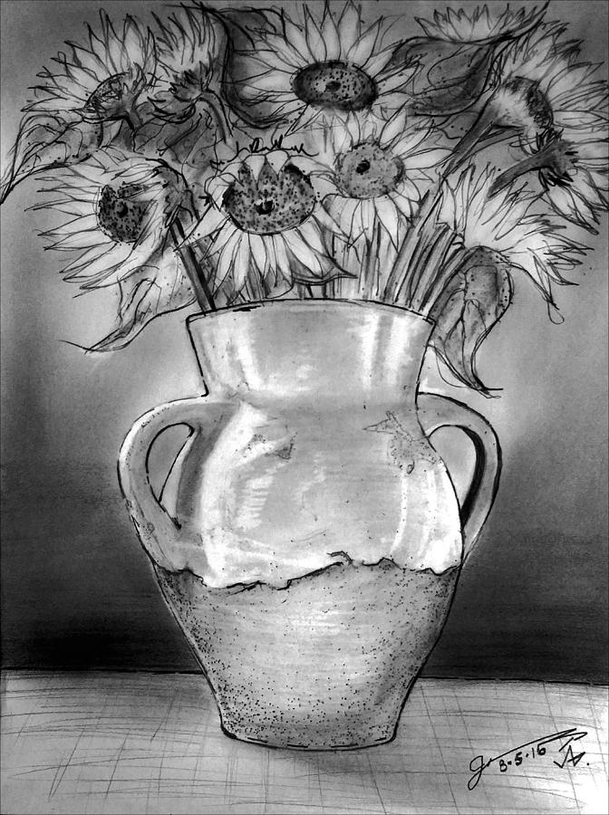 Confit Pot With 10 Sunflowers Drawing