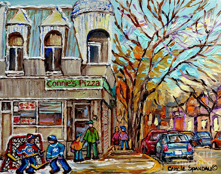 Connies Pizza Psc Restaurant Painting Beautiful Winter Street Scene Canadian Hockey Carole Spandau Painting by Carole Spandau
