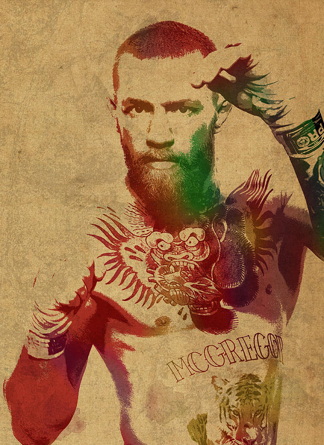 Portrait Mixed Media - Conor McGregor UFC Fighter MMA Watercolor Portrait on Old Canvas by Design Turnpike