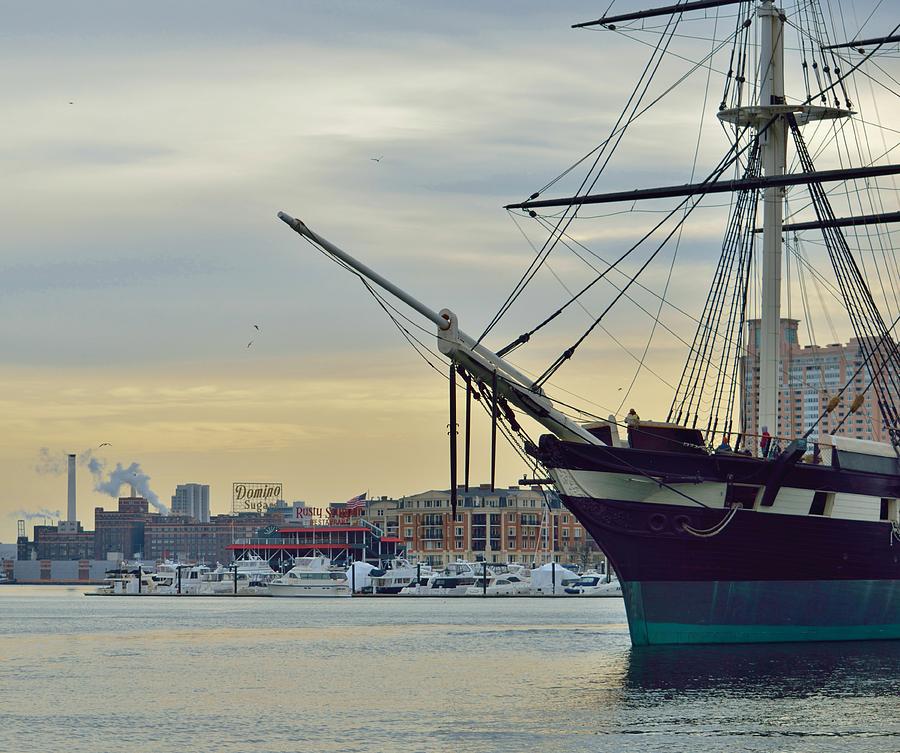 USS Constellation and Domino Sugars - Sloop of War Warship in Baltimores Inner Harbor - US Navy Photograph by Billy Beck