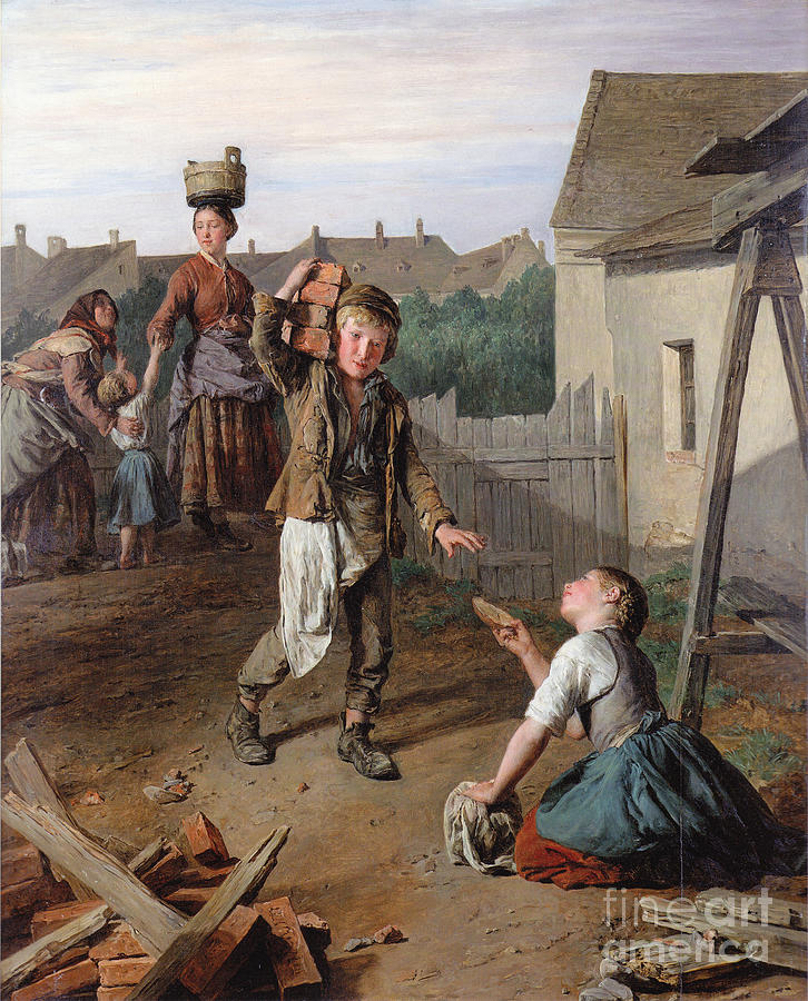 Ferdinand Georg Waldmuller Painting - Construction laborers receiving their breakfast by Celestial Images