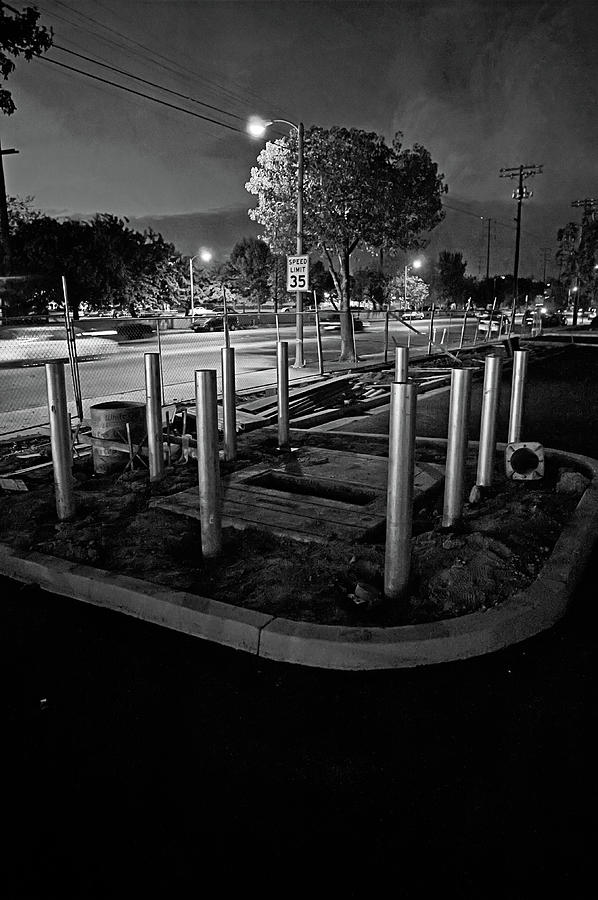 Construction Site City Night Scene In Bw Photograph