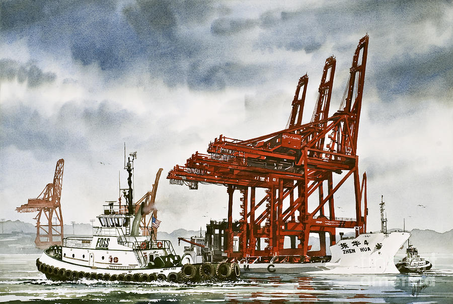 Container Cranes Tug Assist Painting by James Williamson