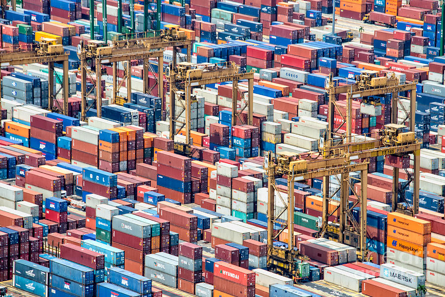 Piles of containers in the harbor of Singapore Photograph by Delphimages Photo Creations