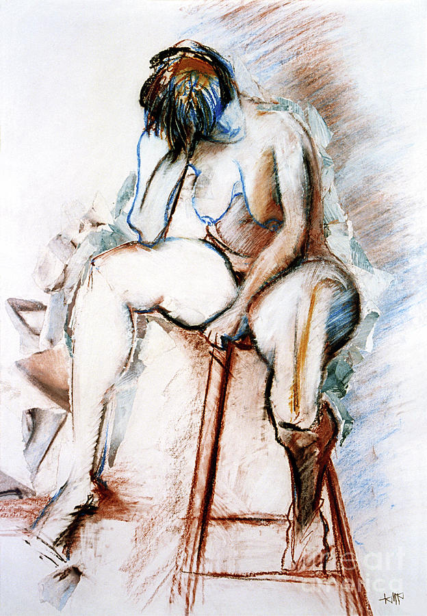Contemplation - Nude on a Stool Drawing by Kerryn Madsen-Pietsch