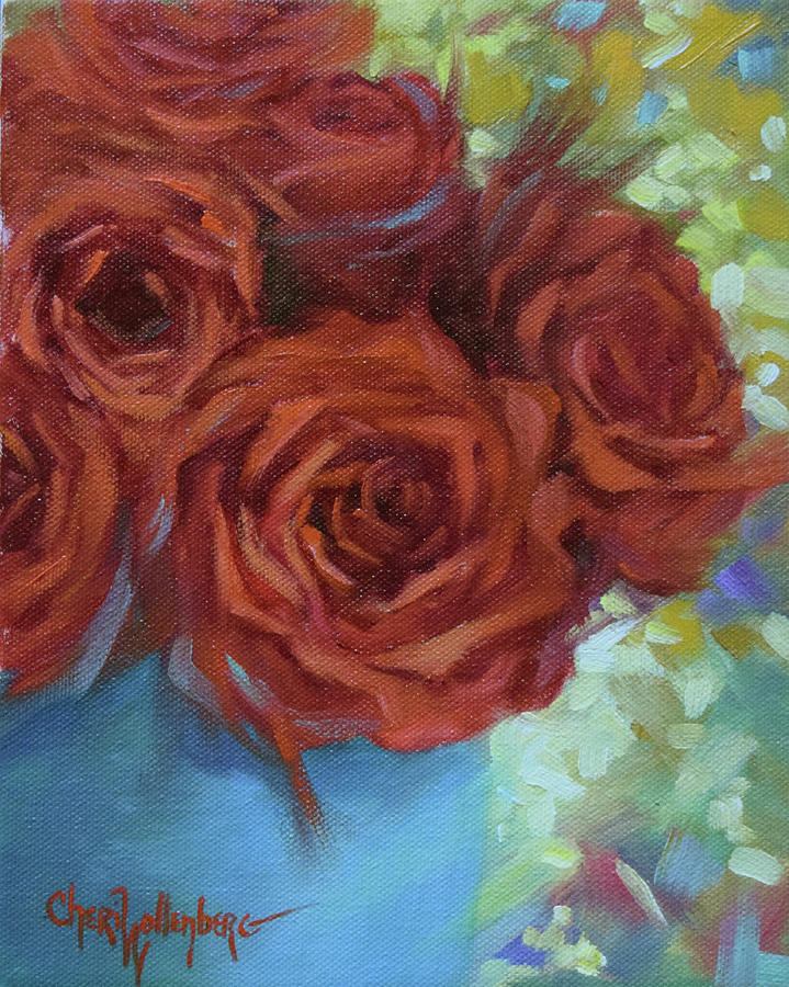 Contemporary Red Roses With Confetti Background Painting by Cheri Wollenberg