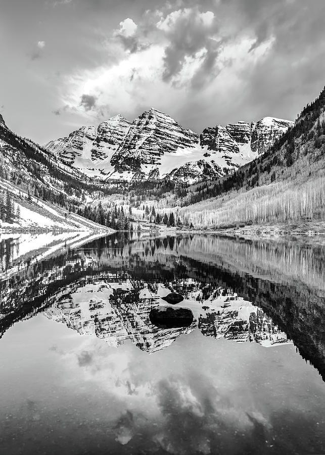 Black And White Photograph - Contrasting Reflections - Maroon Bells Mountains - Aspen Colorado by Gregory Ballos