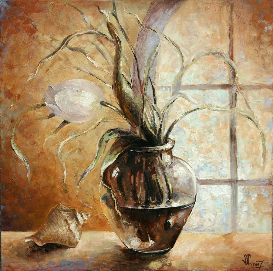 Contre Jour. White tulip in a vase.Oil painting on canvas Painting by Vali Irina Ciobanu