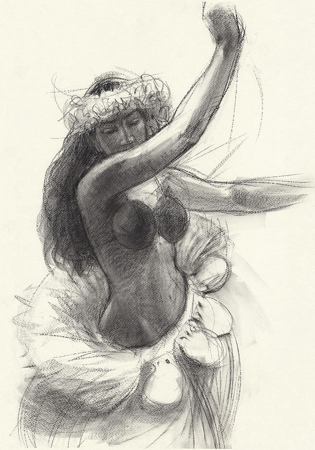 Cook Islands Drum Dancer with Pearl Shells Drawing by Judith Kunzle