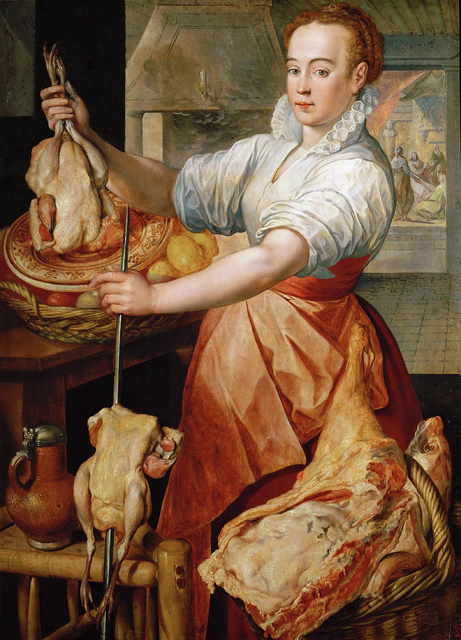 Cook with Chicken. In the background Christ with Mary and Martha Painting by Joachim Beuckelaer