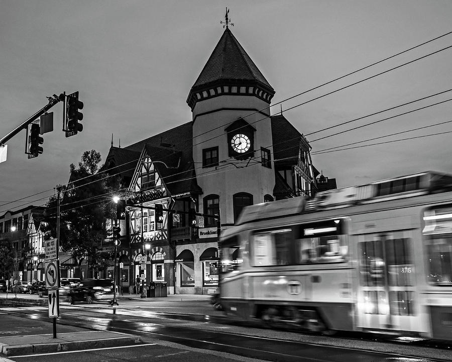 Coolidge Corner Brookline MA Clock Train incoming Black and White Photograph by Toby McGuire