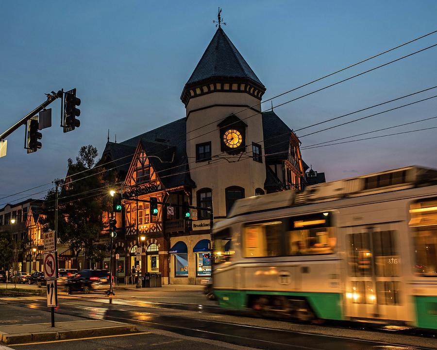 Coolidge Corner Brookline MA Clock Train incoming Photograph by Toby McGuire