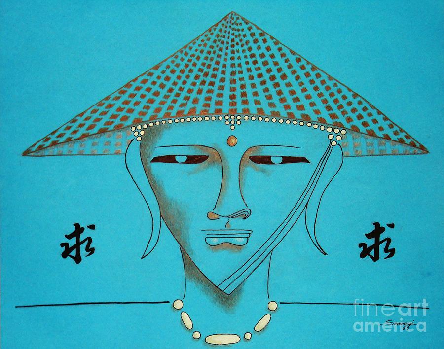 Coolie Buddha -- Stylized Buddha in Hat Drawing by Jayne Somogy