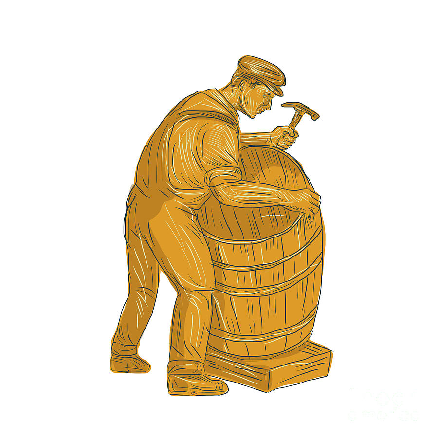 Hammer Digital Art - Cooper Making Wooden Barrel Drawing by Aloysius Patrimonio