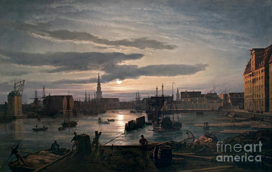 Copenhagen Harbour by Moonlight Painting by Celestial Images