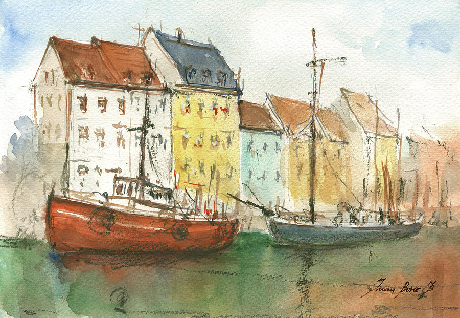 Copenhagen Painting - Copenhagen Harbour With Boats by Juan Bosco