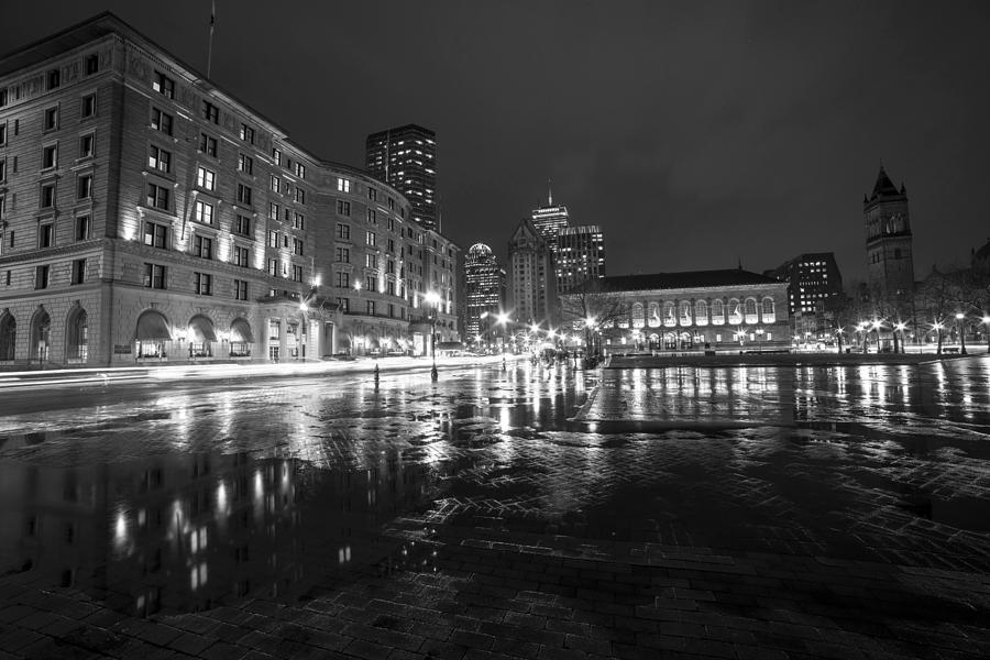 Copley Fairmont Boston Public Library Rainy Nights Black and White Photograph by Toby McGuire