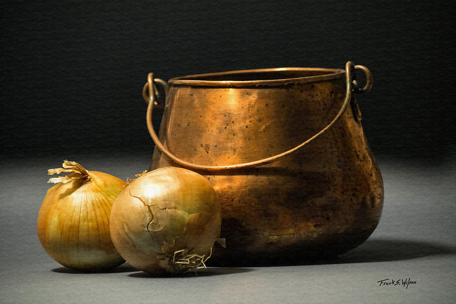 Copper Pot And Onions Photograph